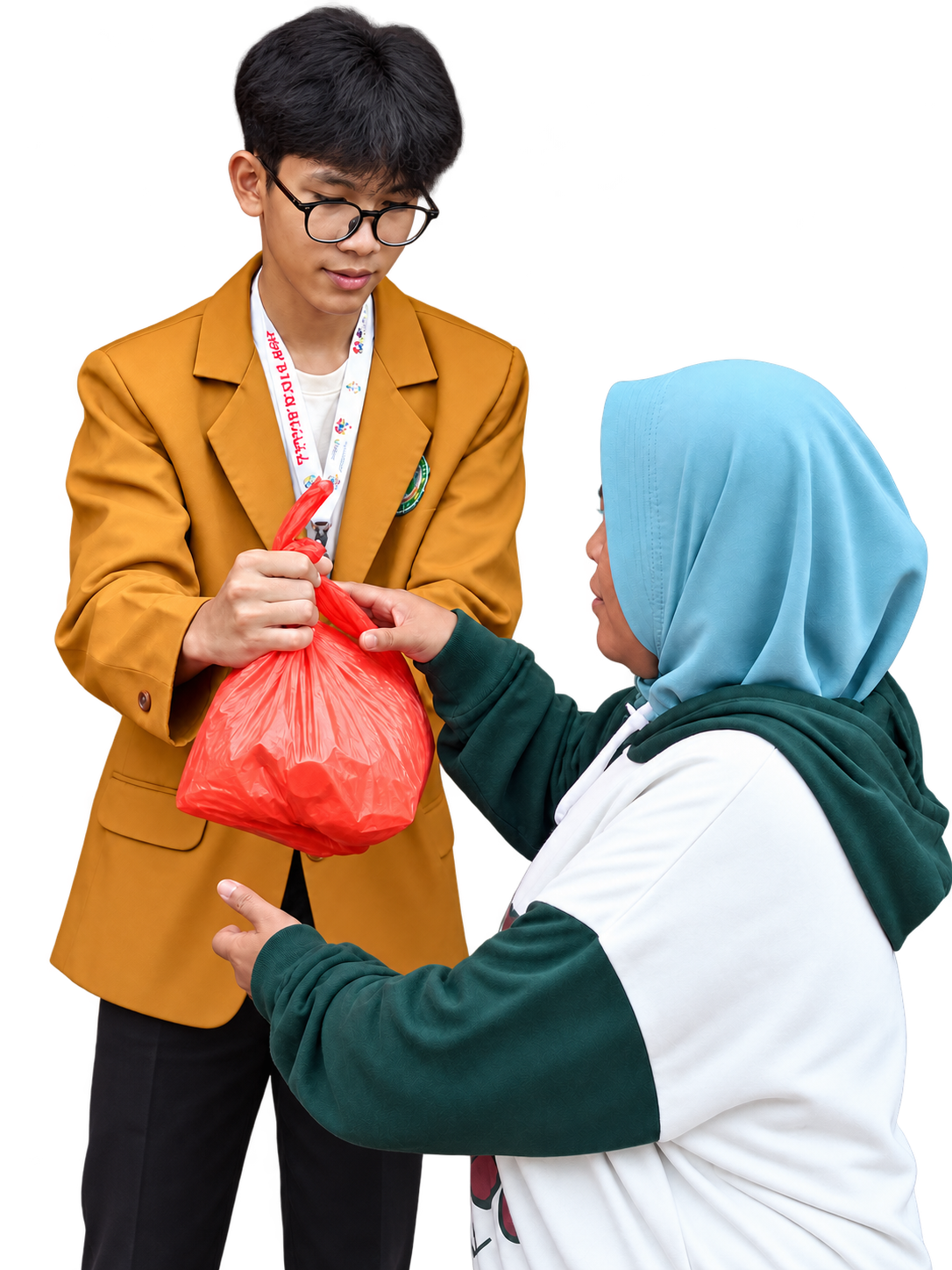 Siswa menyerahkan paket bantuan kepada seorang perempuan
