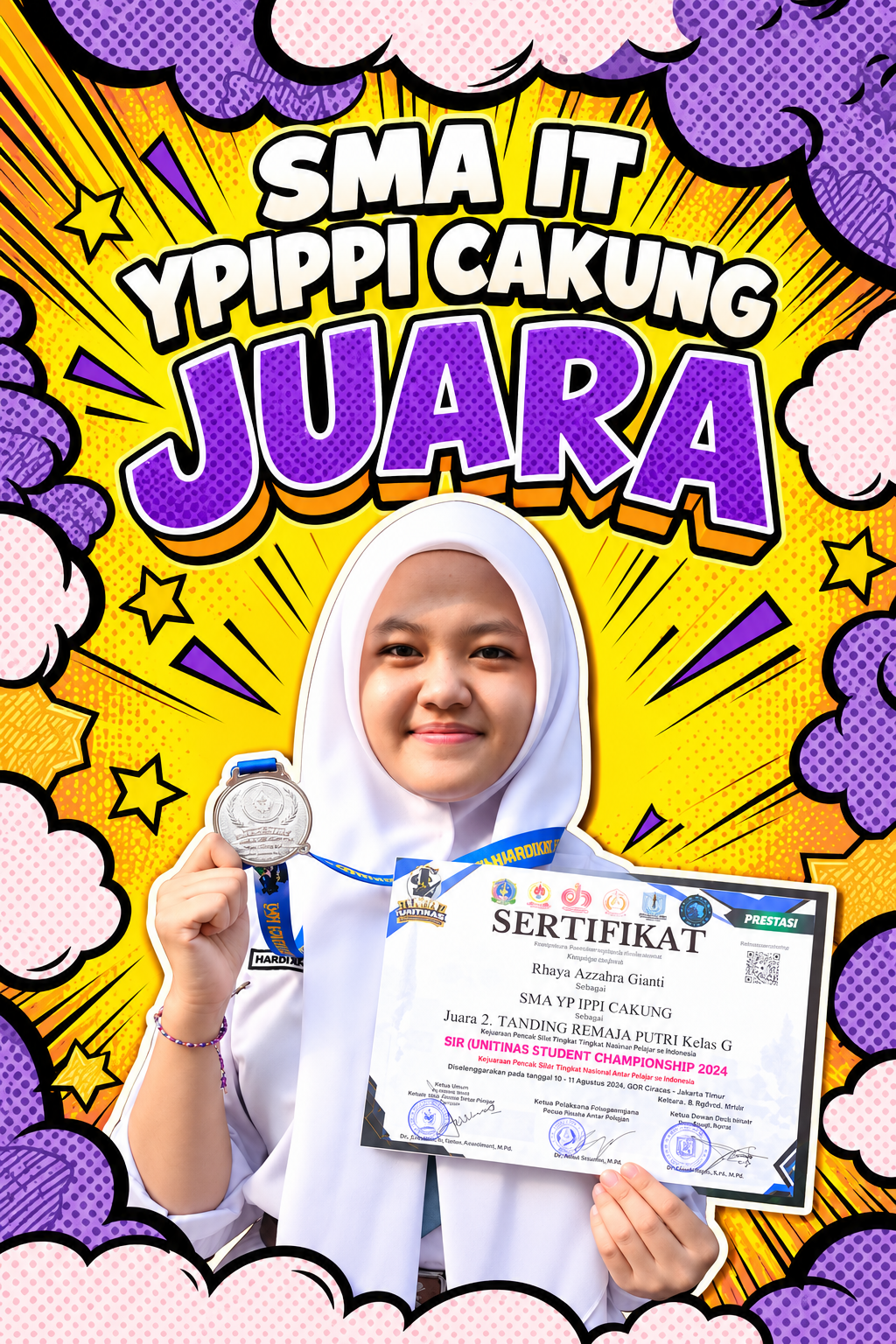 Poster awan kuning SMA IT YPIPPI Cakung Juara dengan siswi membawa medali dan sertifikat