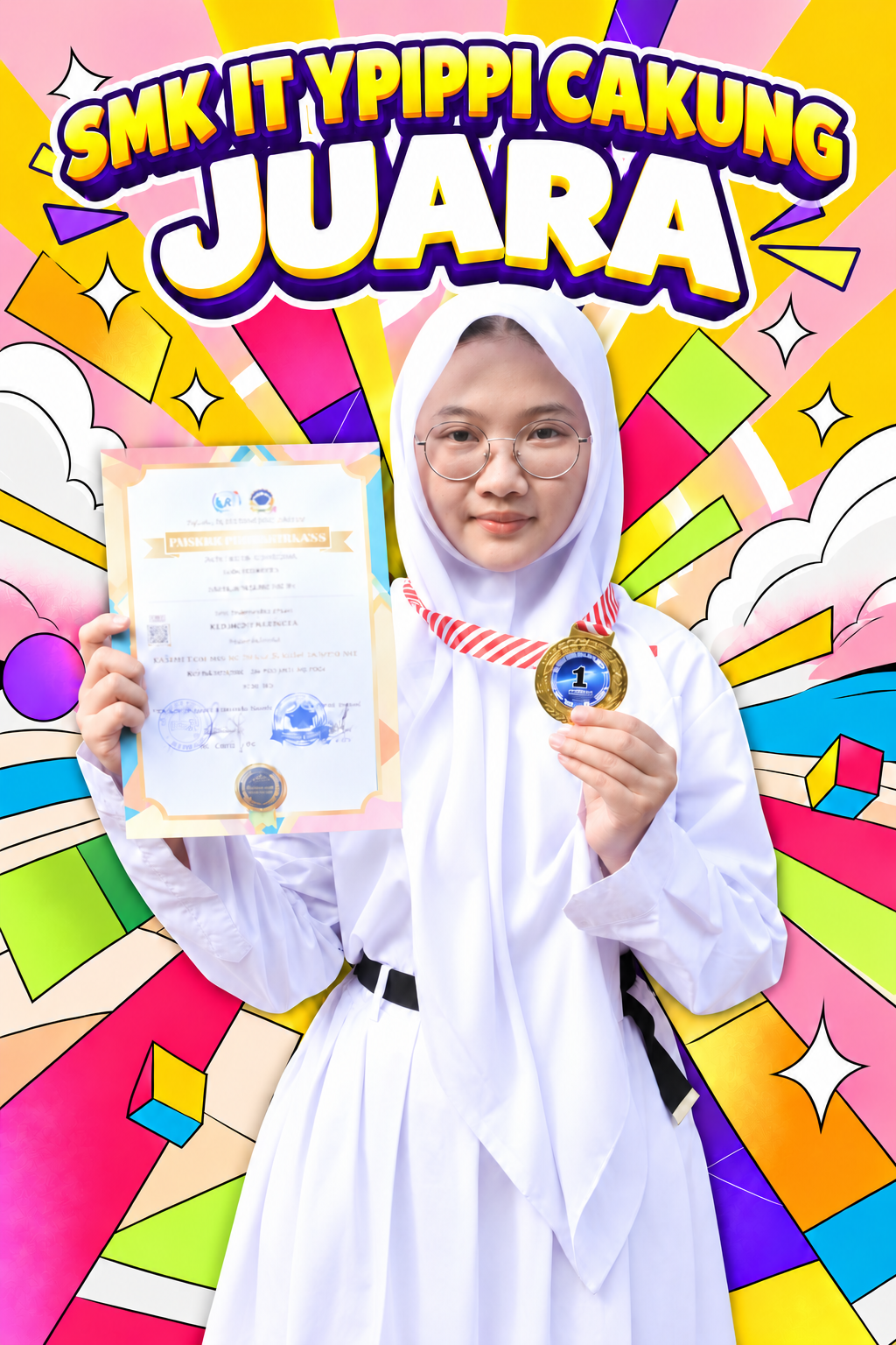 Poster pop art bertuliskan SMK IT YPIPPI Cakung Juara dengan siswi berhijab putih membawa sertifikat dan medali