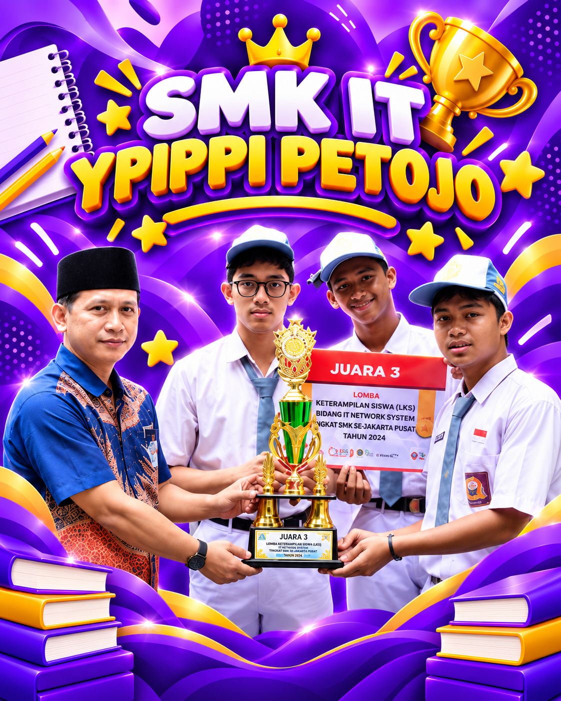 Poster ungu SMK IT YPIPPI Petojo dengan guru dan tiga siswa membawa piala Juara 3 lomba keterampilan siswa