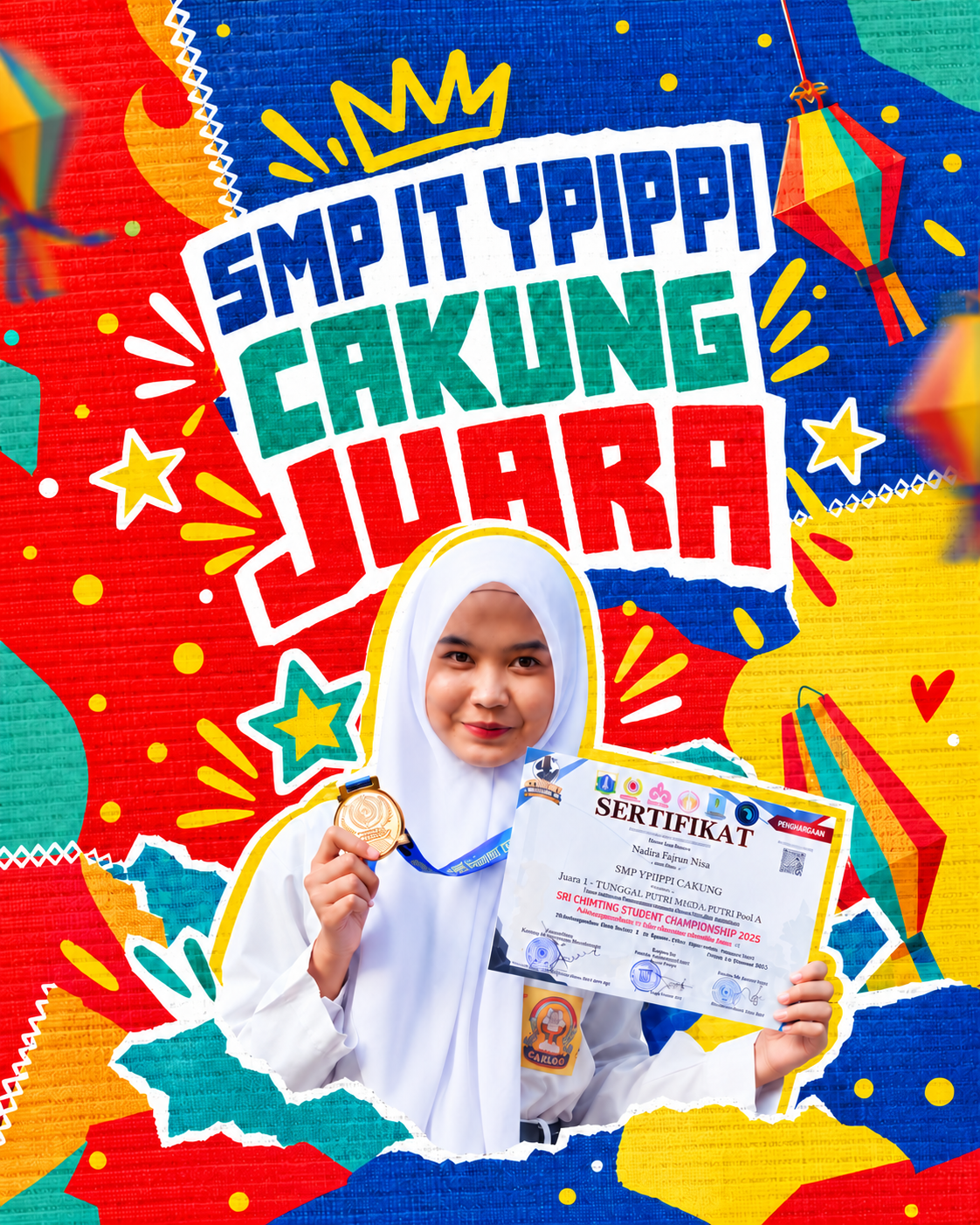 Poster SMP YPIPPI Cakung Juara dengan siswi membawa medali dan sertifikat penghargaan