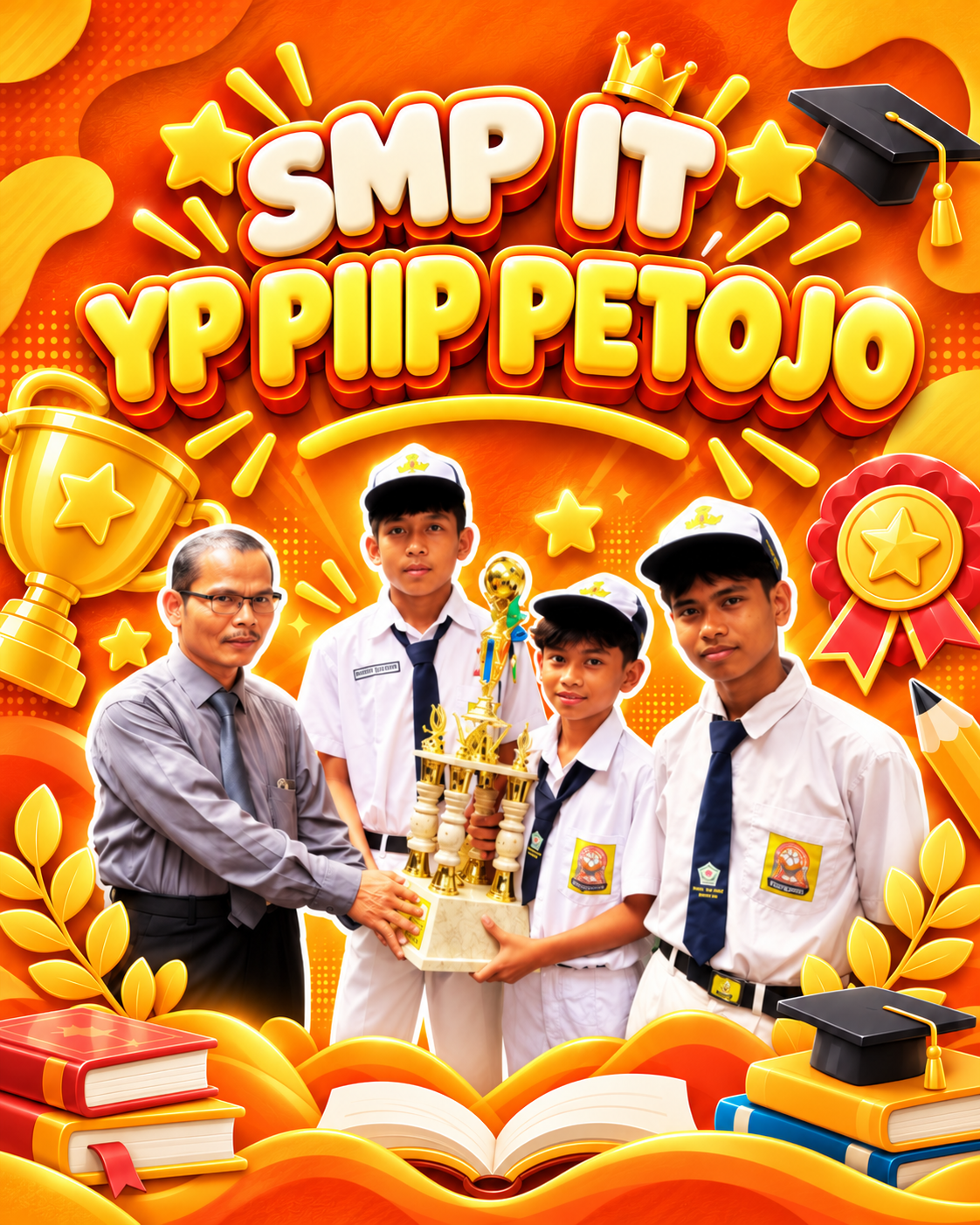 Poster oranye SMP YPIPPI Petojo Juara dengan kepala sekolah dan tiga siswa membawa piala